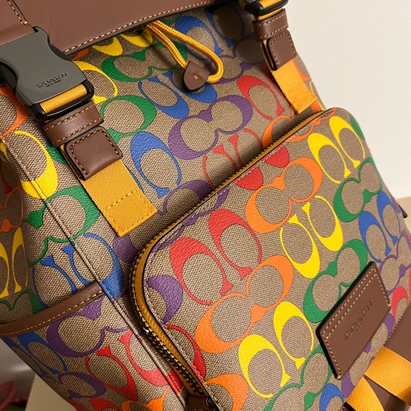 New Coach C9845 Track Backpack In Rainbow Signature Canvas In Gunmetal/Khaki - Picture 8 of 14